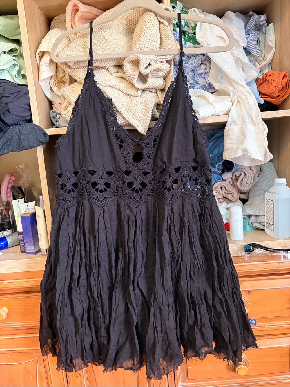 Free People Medium Black Crochet Detail Cami Dress Cotton